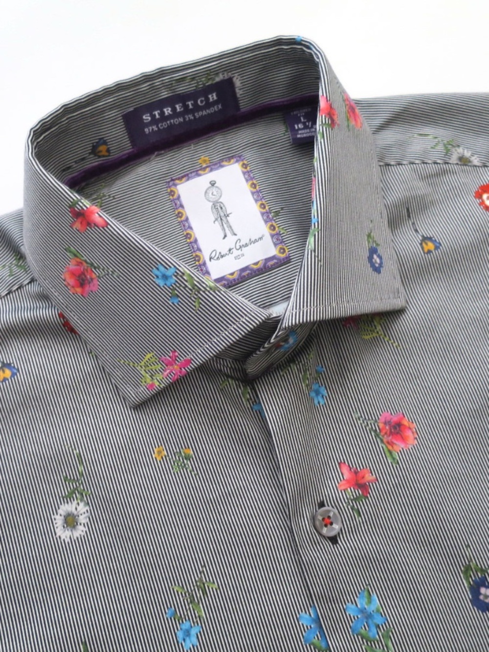 Robert Graham Tailored Fit Shirt Size L 16.5 Floral Micro Stripe